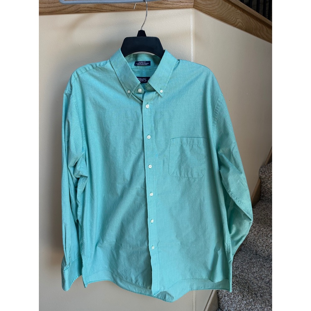 Chaps Mens Classic Fit Broadcloth Button Down Shirt Green Houndstooth 17.5 34/35